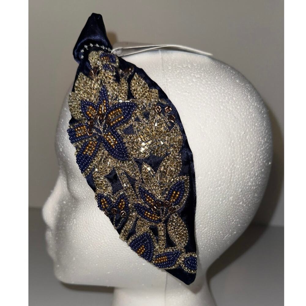Headband Embellished Beaded Floral Knot – Navy Blue & Gold